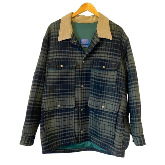 Pendleton Wool Mackinaw Cruiser Jacket Vintage Green Plaid Coat Outdoors Man M/L - Picture 1 of 9